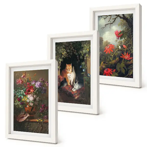 3-piece wall art set featuring vintage flowers, cats, and nature-inspired plants