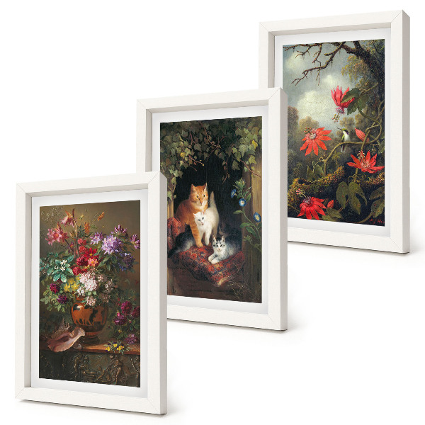 3-piece wall art set Vintage flowers cats and plants in nature