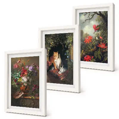 3-piece wall art set featuring vintage flowers, cats, and nature-inspired plants