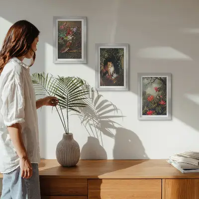 3-piece wall art set featuring vintage flowers, cats, and nature-inspired plants