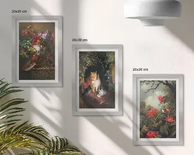 3-piece wall art set featuring vintage flowers, cats, and nature-inspired plants