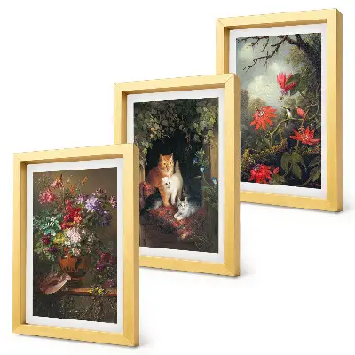3-piece wall art set featuring vintage flowers, cats, and nature-inspired plants
