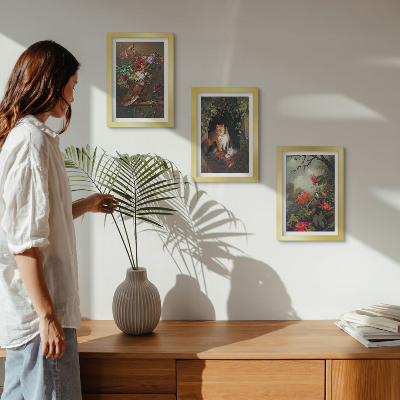 3-piece wall art set Vintage flowers cats and plants in nature
