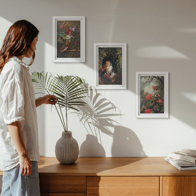3-piece wall art set Vintage flowers cats and plants in nature