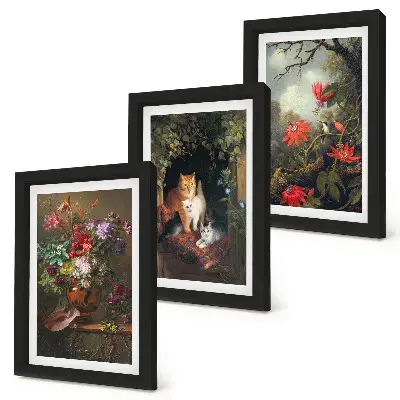 3-piece wall art set featuring vintage flowers, cats, and nature-inspired plants