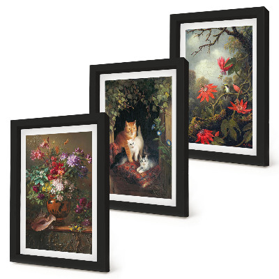 3-piece wall art set Vintage flowers cats and plants in nature