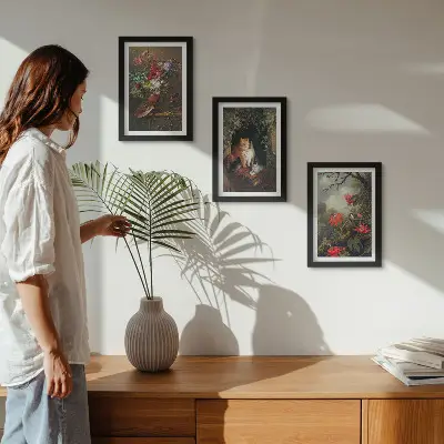 3-piece wall art set featuring vintage flowers, cats, and nature-inspired plants
