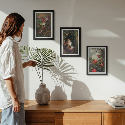 3-piece wall art set Vintage flowers cats and plants in nature