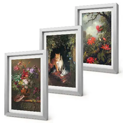 3-piece wall art set featuring vintage flowers, cats, and nature-inspired plants