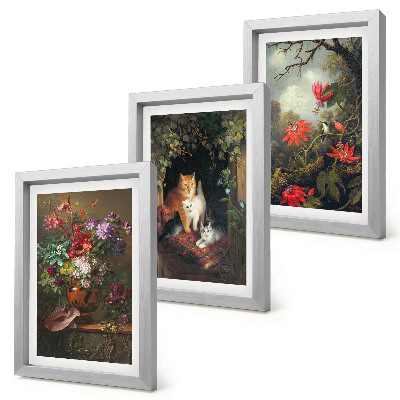 3-piece wall art set Vintage flowers cats and plants in nature