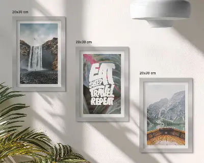 Photo frame wall featuring waterfall mountains travel nature boat and vegetation
