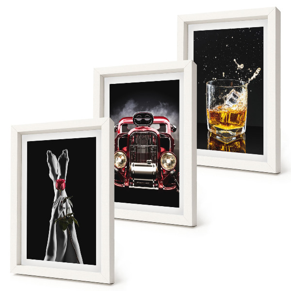 Framed triptych Female legs with a rose, an old car, and a glass of whiskey