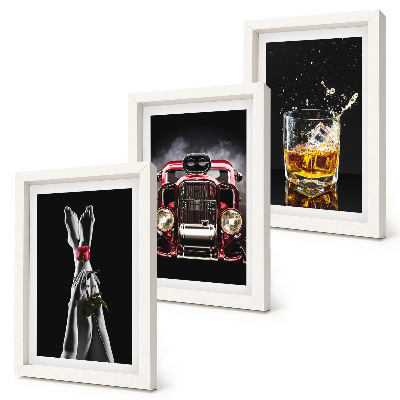 Framed triptych Female legs with a rose, an old car, and a glass of whiskey