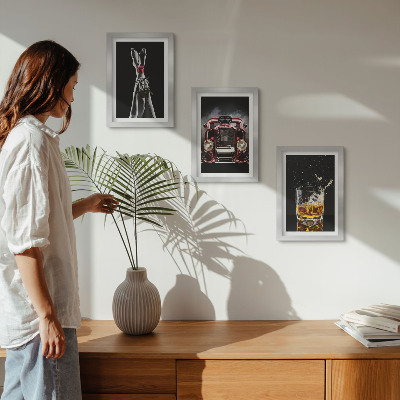 Framed triptych Female legs with a rose, an old car, and a glass of whiskey