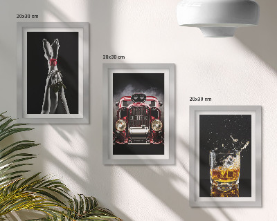 Framed triptych Female legs with a rose, an old car, and a glass of whiskey