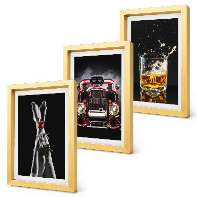 Framed triptych Female legs with a rose, an old car, and a glass of whiskey