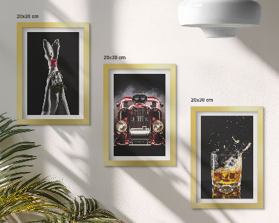 Framed triptych Female legs with a rose, an old car, and a glass of whiskey