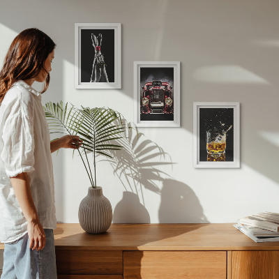 Framed triptych Female legs with a rose, an old car, and a glass of whiskey