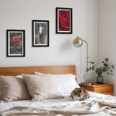 3-piece wall art set featuring red roses and a horse in a gray setting