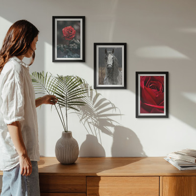 3-piece wall art set Red roses and a horse in a gray setting
