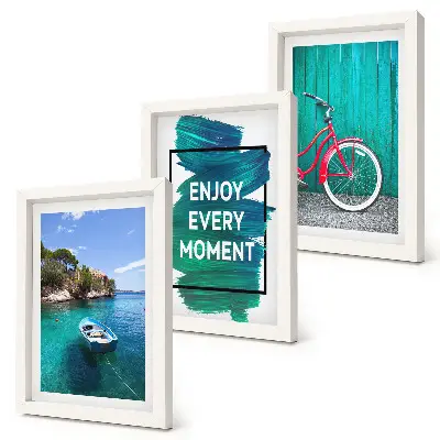 Photo frame wall with sea view, boat, bicycle, and inspirational inscription