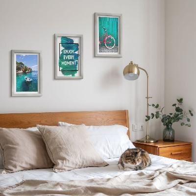 Photo frame wall Sea view with boat bicycle inspirational inscription