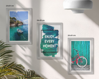 Photo frame wall Sea view with boat bicycle inspirational inscription
