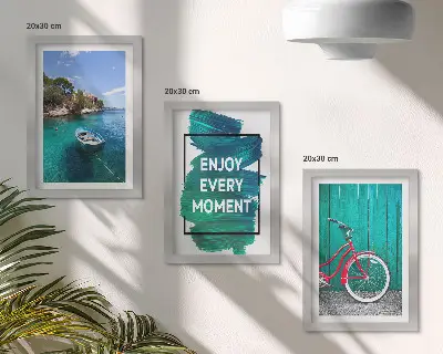 Photo frame wall with sea view, boat, bicycle, and inspirational inscription