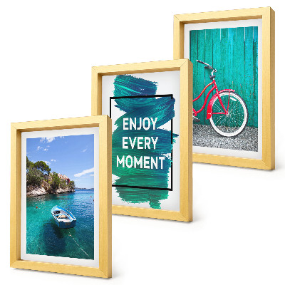 Photo frame wall Sea view with boat bicycle inspirational inscription