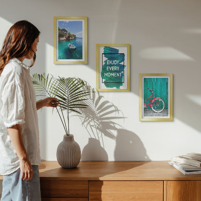 Photo frame wall Sea view with boat bicycle inspirational inscription