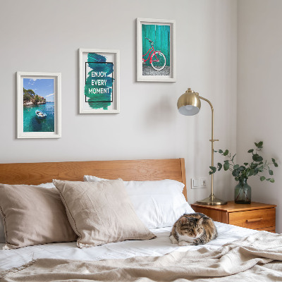 Photo frame wall Sea view with boat bicycle inspirational inscription