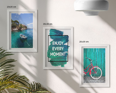 Photo frame wall Sea view with boat bicycle inspirational inscription