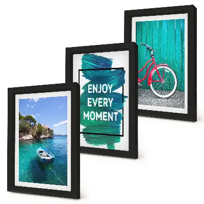 Photo frame wall with sea view, boat, bicycle, and inspirational inscription