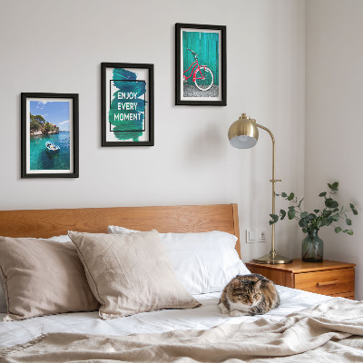 Photo frame wall Sea view with boat bicycle inspirational inscription