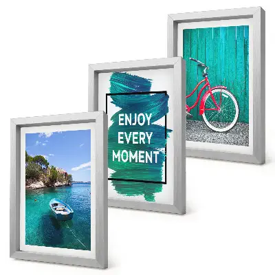 Photo frame wall with sea view, boat, bicycle, and inspirational inscription