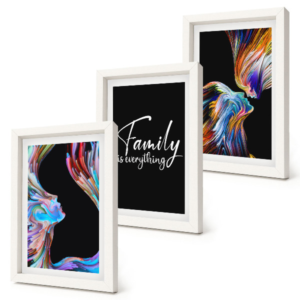 Framed triptych Portraits of people in colorful patterns and an inscription about family