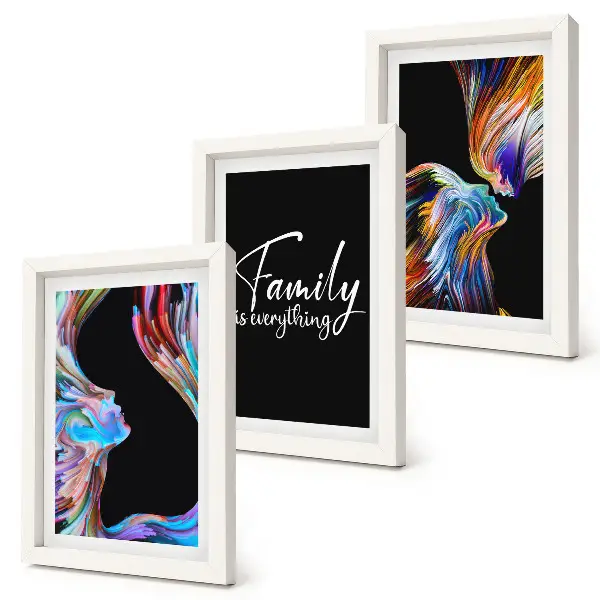 Framed triptych portraits of people in colorful patterns with a family inscription
