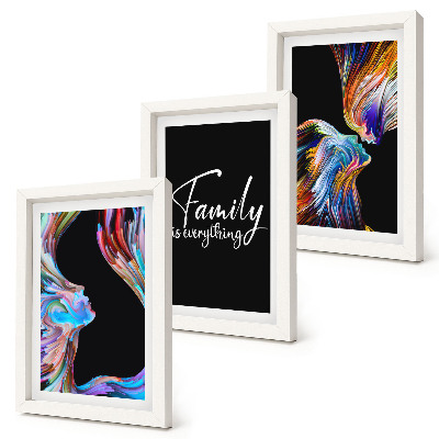 Framed triptych Portraits of people in colorful patterns and an inscription about family