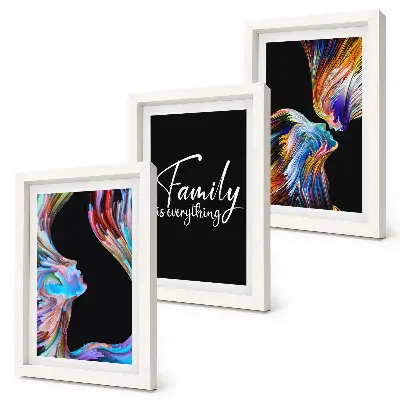 Framed triptych portraits of people in colorful patterns with a family inscription