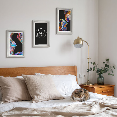 Framed triptych Portraits of people in colorful patterns and an inscription about family