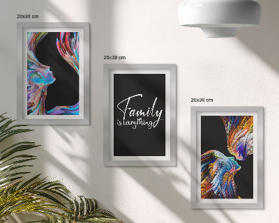 Framed triptych Portraits of people in colorful patterns and an inscription about family