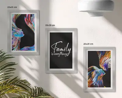 Framed triptych portraits of people in colorful patterns with a family inscription