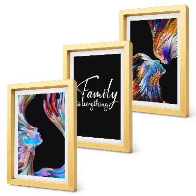 Framed triptych Portraits of people in colorful patterns and an inscription about family