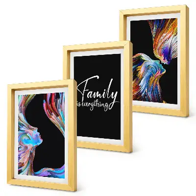 Framed triptych portraits of people in colorful patterns with a family inscription