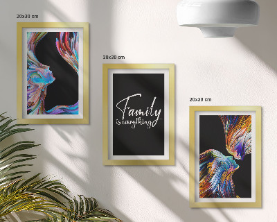 Framed triptych Portraits of people in colorful patterns and an inscription about family