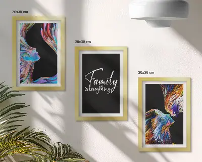 Framed triptych portraits of people in colorful patterns with a family inscription