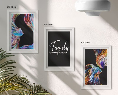 Framed triptych Portraits of people in colorful patterns and an inscription about family