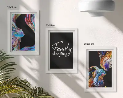 Framed triptych portraits of people in colorful patterns with a family inscription
