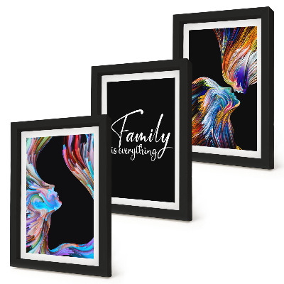 Framed triptych Portraits of people in colorful patterns and an inscription about family