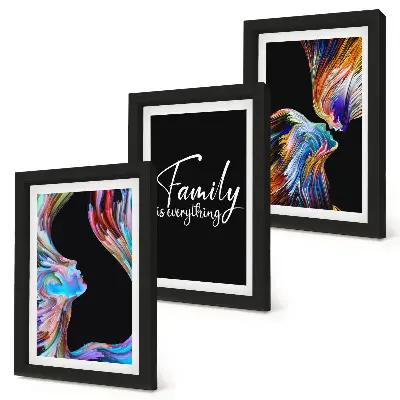 Framed triptych portraits of people in colorful patterns with a family inscription